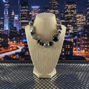 Premier Designs Black & Silver Tone Beaded Choker Necklace 15.5" 4" Extension